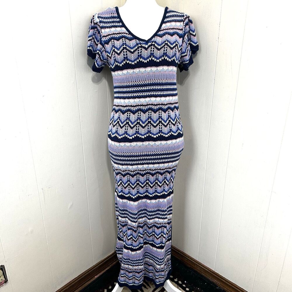 Jessica Simpson Eyelet Crochet Maxi Dress Striped Boho Hippie Y2K Size XS New
